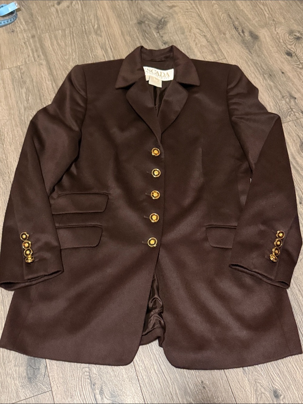 Escada Chocolate Brown Satin Blazer with Gold Buttons